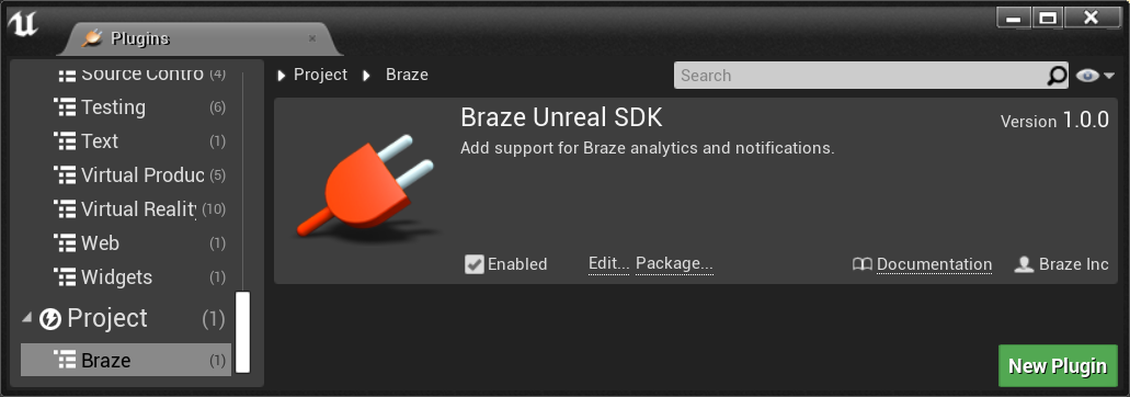 O plugin Braze Unreal SDK visto na interface do Unreal Engine.