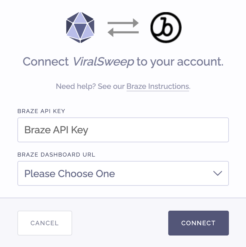 Página de integração do serviço ViralSweep solicitando ao usuário a chave de API do Braze e o URL do dashboard do Braze.