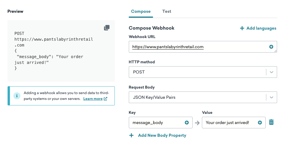 Corpo da solicitação definido como pares de valores-chave JSON.