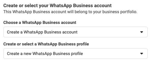 Campos para especificar se você está escolhendo ou criando uma conta e um perfil do WhatsApp Business.