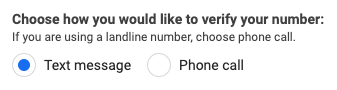 Seção com as opções para verificar seu número de telefone por meio de mensagem de texto ou ligação telefônica.