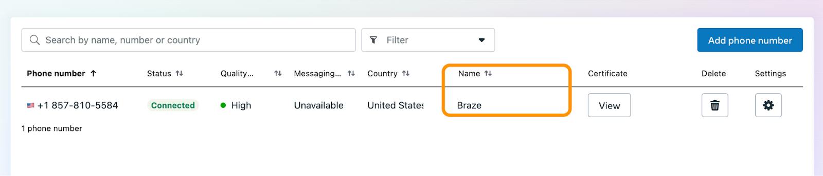 A página de Números de Telefone do Gerenciador do WhatsApp Business com um nome de exibição de "Braze" listado ao lado de um número de telefone.