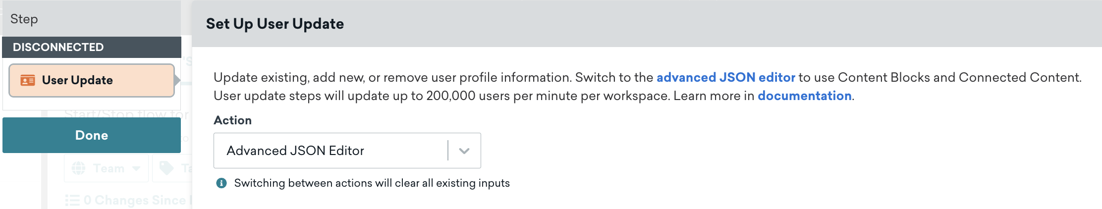 Etapa de atualização do usuário com uma ação de "Advanced JSON Editor".