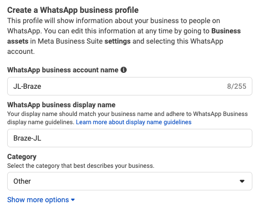 Campos para fornecer detalhes para a nova conta do WhatsApp Business.