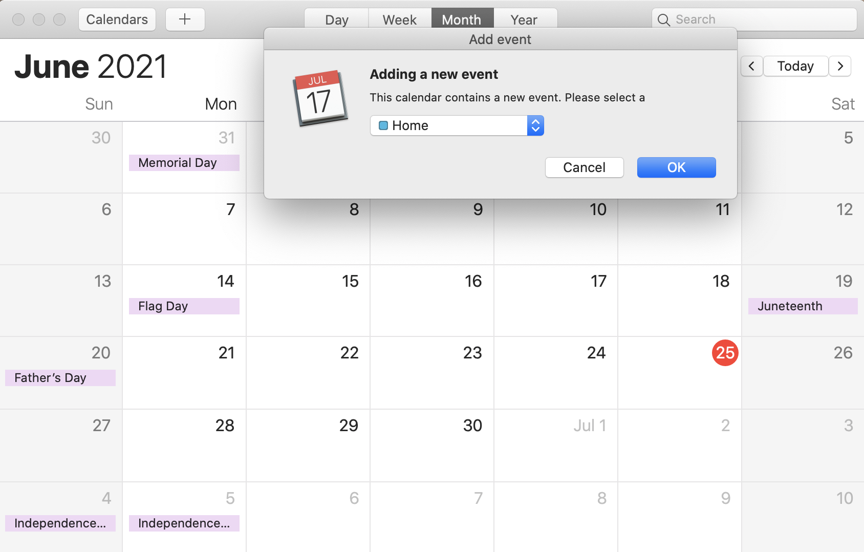 Calendário do iCal com uma caixa de diálogo para adicionar um novo evento, que solicita que o usuário selecione um calendário e confirme.