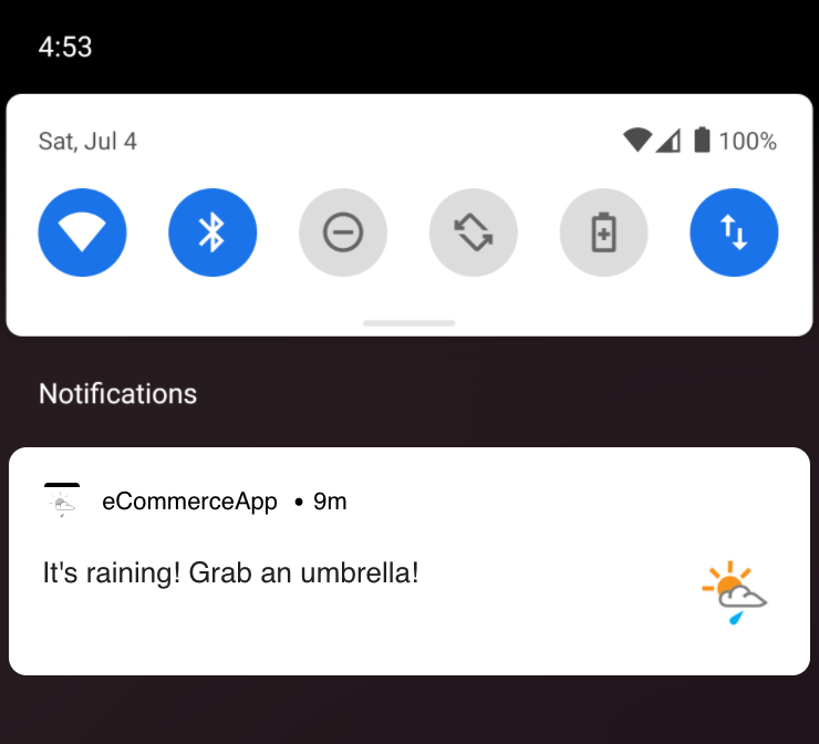 Notificação por push com a mensagem "Está chovendo!" Leve um guarda-chuva!"