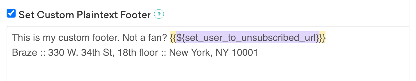 E-mail com a opção Set Custom Plaintext Footer (Definir rodapé de texto simples personalizado) selecionada.