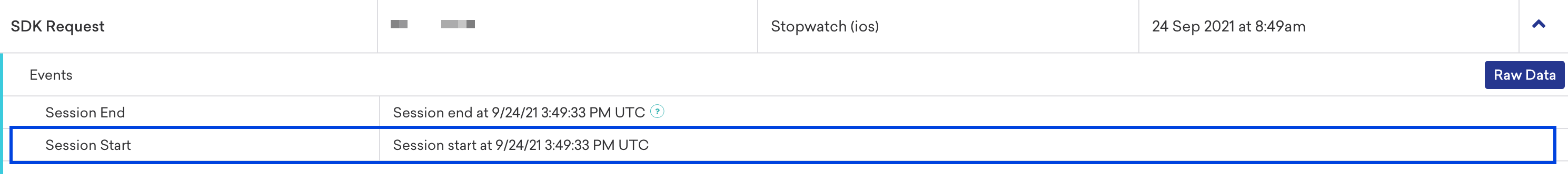 The SDK request found in the event user logs displaying a successful session start event.