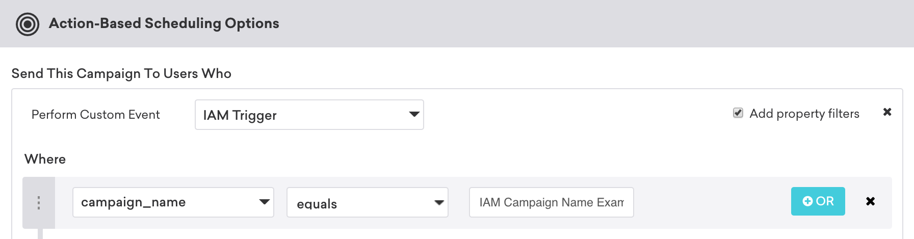 Uma campanha de entrega baseada em ação em que uma mensagem no app será disparada quando "campaign_name" for igual a "IAM campaign name example".