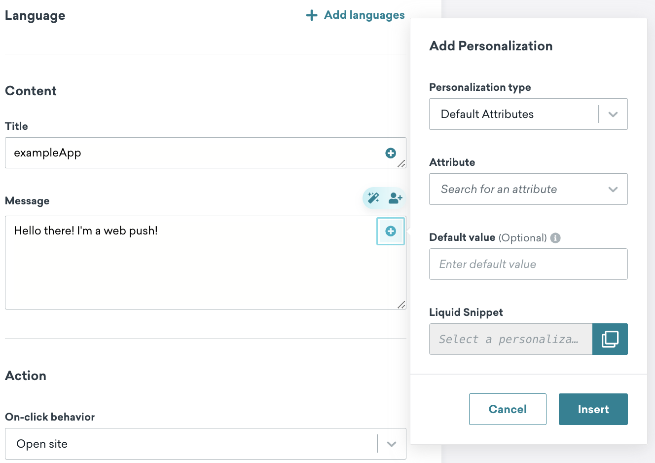 O modal Add Personalization que aparece após a seleção de inserir personalização. O modal tem campos para o tipo de personalização, atribuição, valor padrão opcional e exibe uma prévia da sintaxe do Liquid