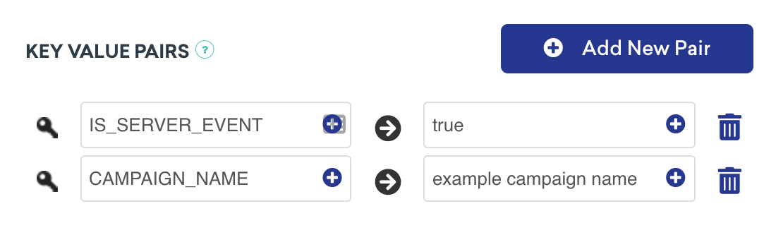 Dois conjuntos de pares chave-valor: IS_SERVER_EVENT definido como "true" e CAMPAIGN_NAME definido como "example campaign name".