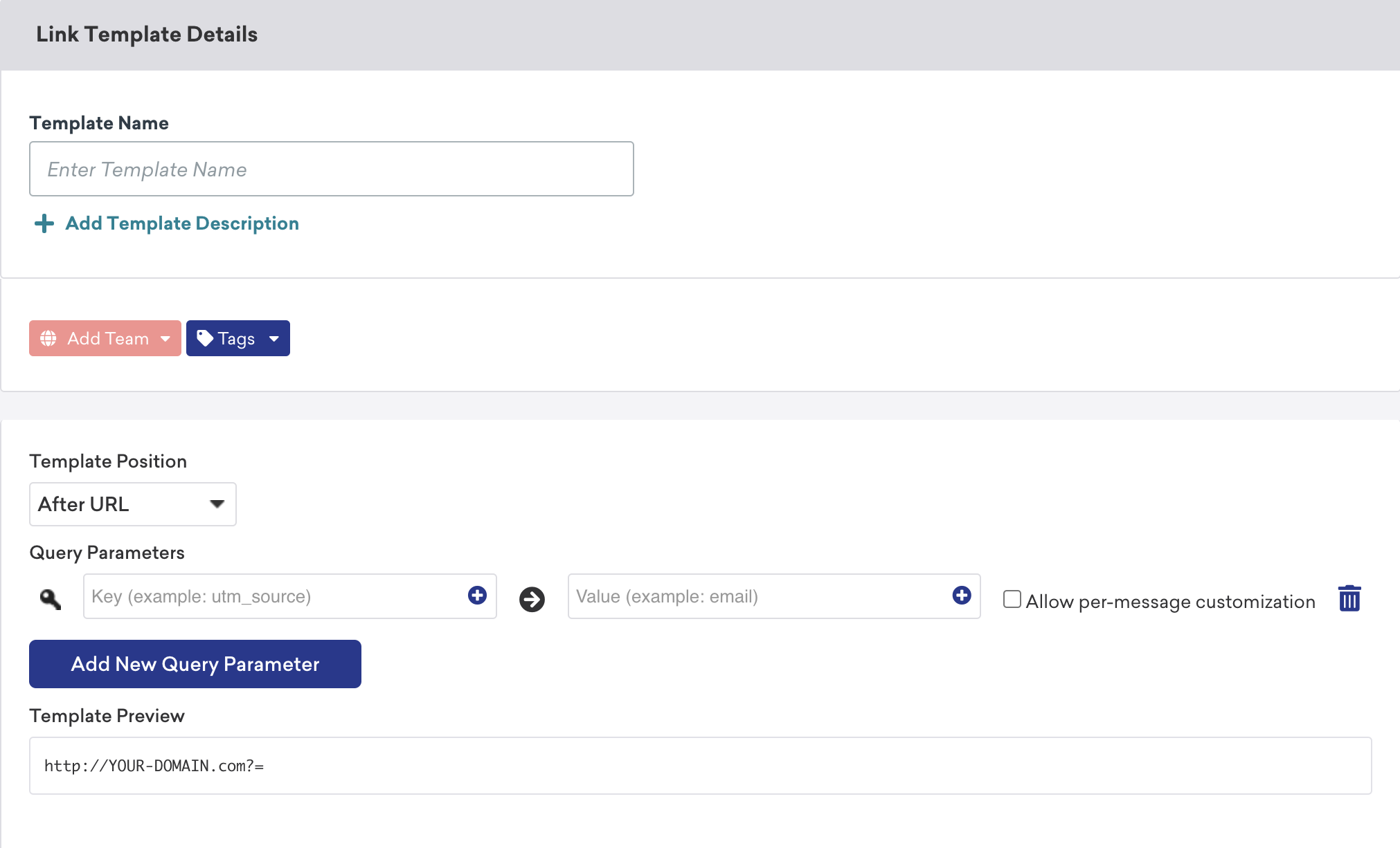 Os campos Posição do modelo, URL de prepend e Prévia do Modelo para o processo de inserção de modelo de link antes de um URL.