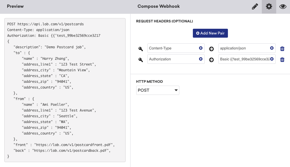 O código do corpo da solicitação e o URL do webhook são exibidos na guia de composição do criador de webhooks do Braze.