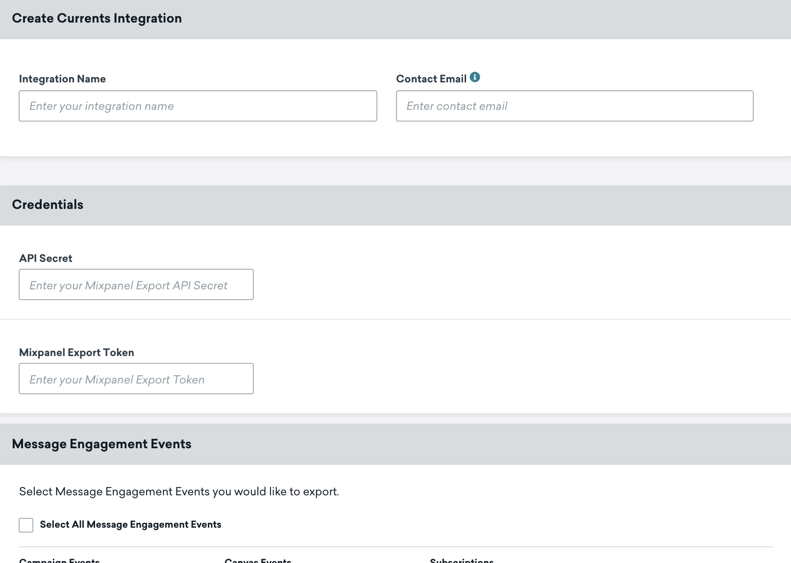 A página Braze Mixpanel Currents. Essa página inclui campos para nome da integração, e-mail do contato, segredo da API e token de exportação do Mixpanel. A metade inferior da página de Currents lista os eventos de Currents disponíveis que você pode enviar.