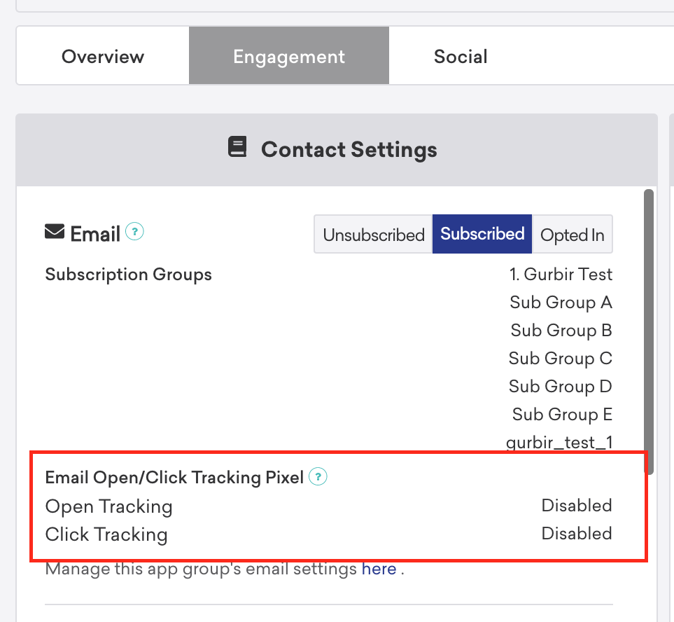 Campos de pixel de abertura de e-mail e rastreamento de clique na guia de rastreamento de engajamento do perfil de um usuário