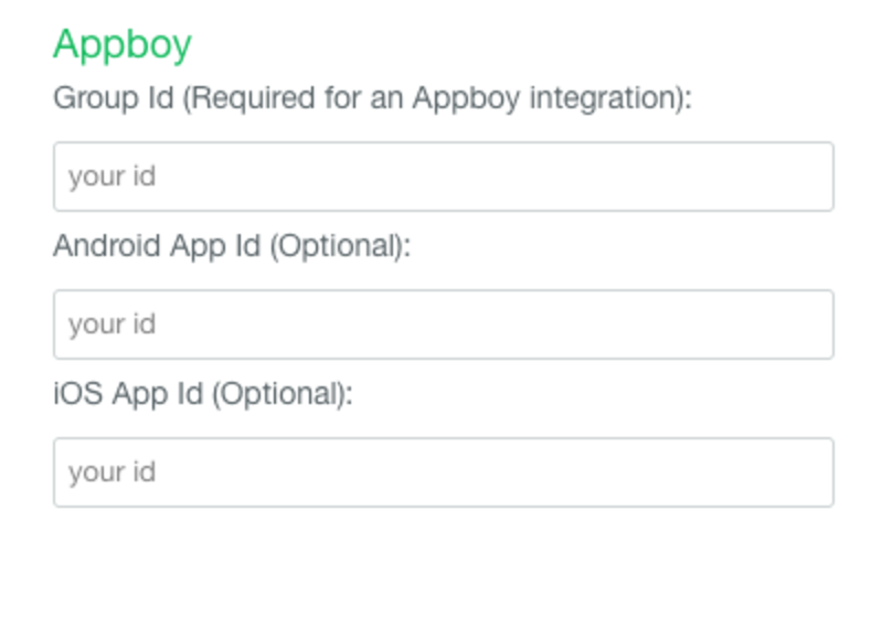 Uma imagem do console da Pilgrim solicitando o ID do grupo, o ID do aplicativo Android e o ID do aplicativo iOS.