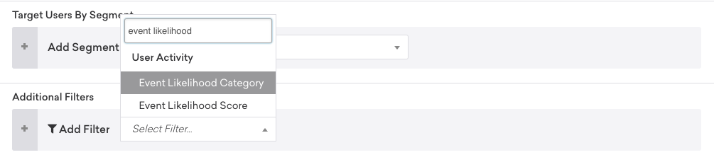 Os filtros disponíveis ao definir um público incluem Categoria de probabilidade e Pontuação de probabilidade.