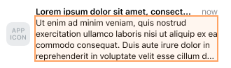 Exemplo de notificação por push sem imagem e com um número de caracteres no corpo de 179.