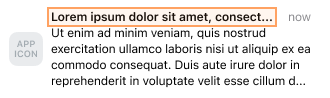 Exemplo de notificação por push sem denotação de Tempo Sensível ou Crítico e uma contagem de caracteres de título de 35.