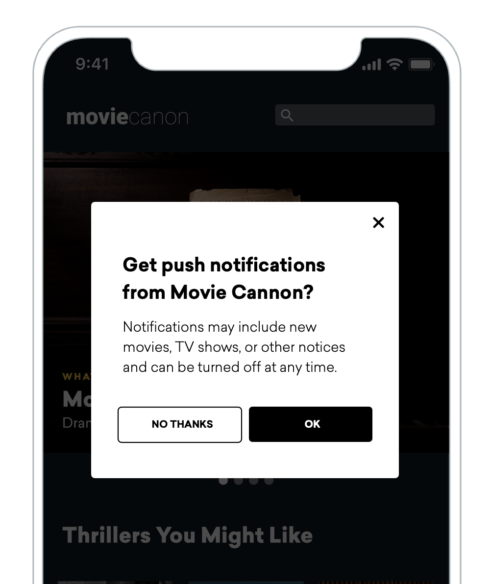 Envio de mensagens no app para aplicativos de streaming. A notificação diz: "Receber notificações por push do Movie Cannon? As notificações podem incluir novos filmes, programas de TV ou outros avisos e podem ser desativadas a qualquer momento."