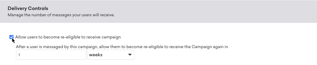 Uma campanha com a caixa de seleção marcada "Permitir que os usuários se tornem re-elegíveis para receber a campanha" após uma semana.