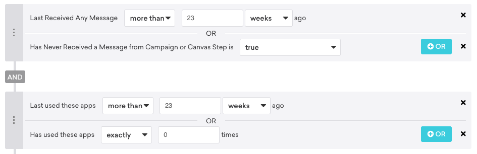Usuários-alvo que receberam qualquer mensagem pela última vez há mais de 23 semanas, nunca receberam uma mensagem de uma campanha ou etapa do Canva, usaram esses aplicativos pela última vez há mais de 23 semanas e usaram esses aplicativos exatamente zero vezes.