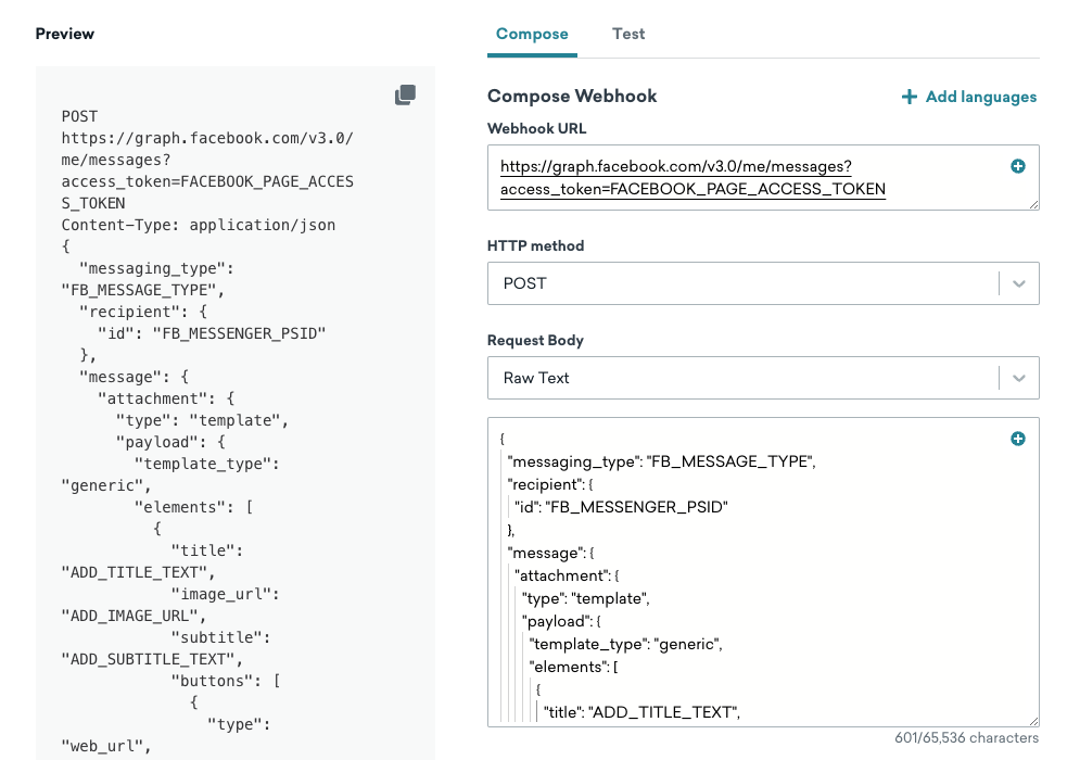 A guia "Compose" com um exemplo de modelo de webhook do Facebook Messenger.