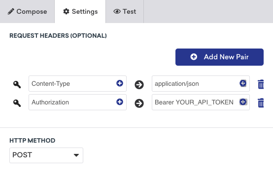 A guia "Settings" (Configurações) com os cabeçalhos de solicitação para o webhook.